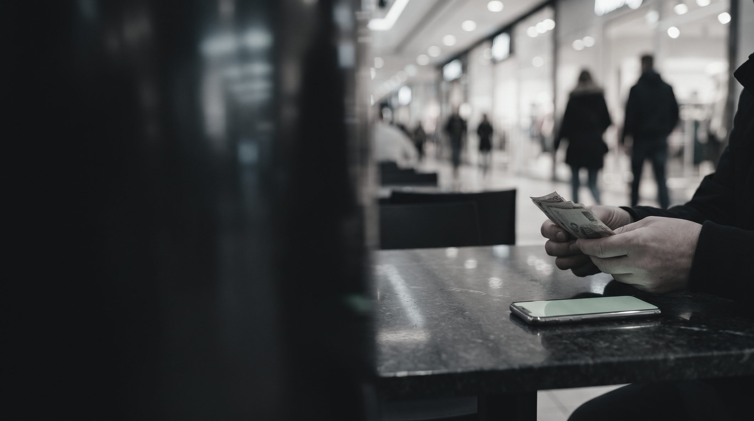 At a table in a busy mall, a seller counts a cash payment beside their phone